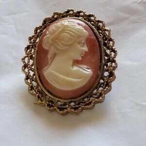 Vintage Small Celluloid Resin Pink and White Cameo Brooch